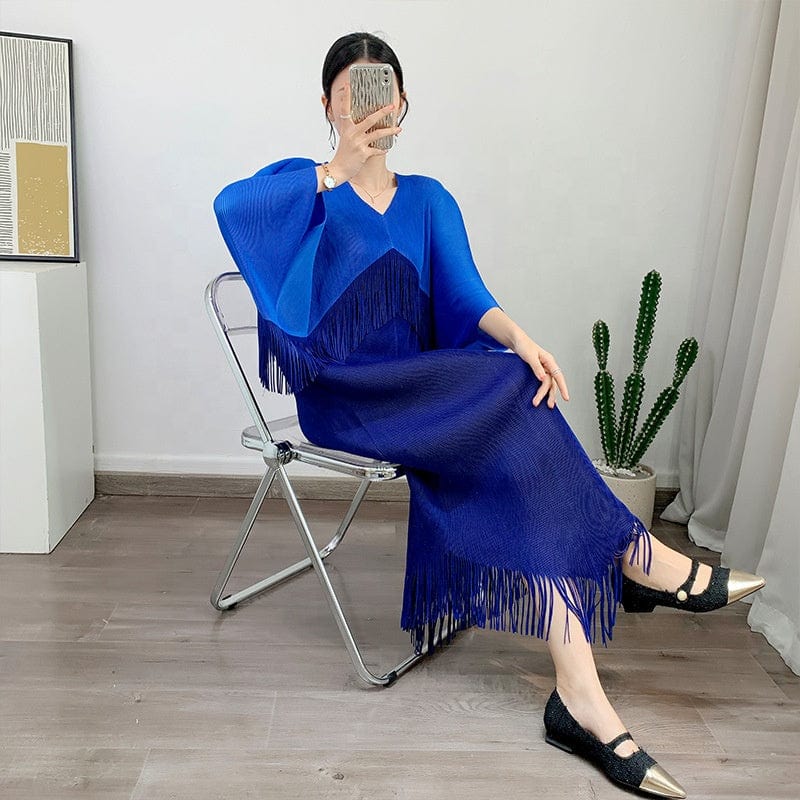 OUDINA New Women Clothing Dress Contrast Color V-neck Loose Elegant Tassel Fringe Casual Long Womans Dresses