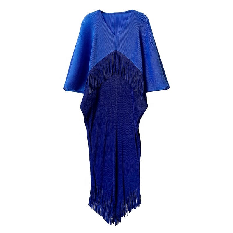 OUDINA New Women Clothing Dress Contrast Color V-neck Loose Elegant Tassel Fringe Casual Long Womans Dresses