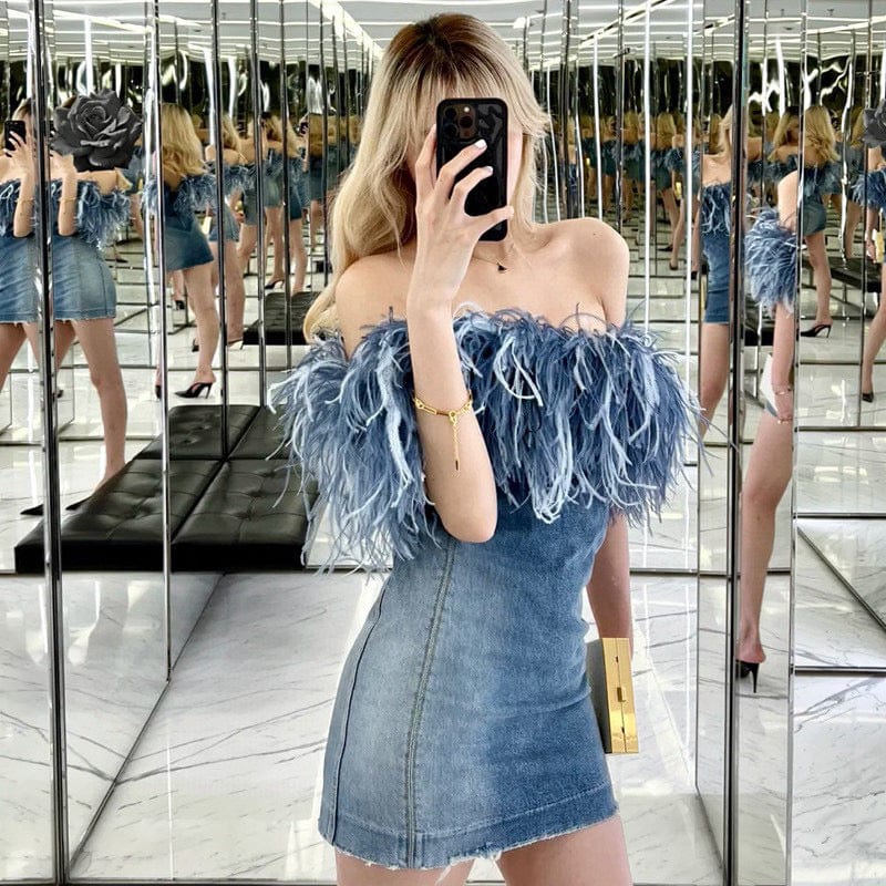 OUDINA New Wrap Chest Zipper Stitching Short Bodycon Wash Jean Dresses Denim Dress Women