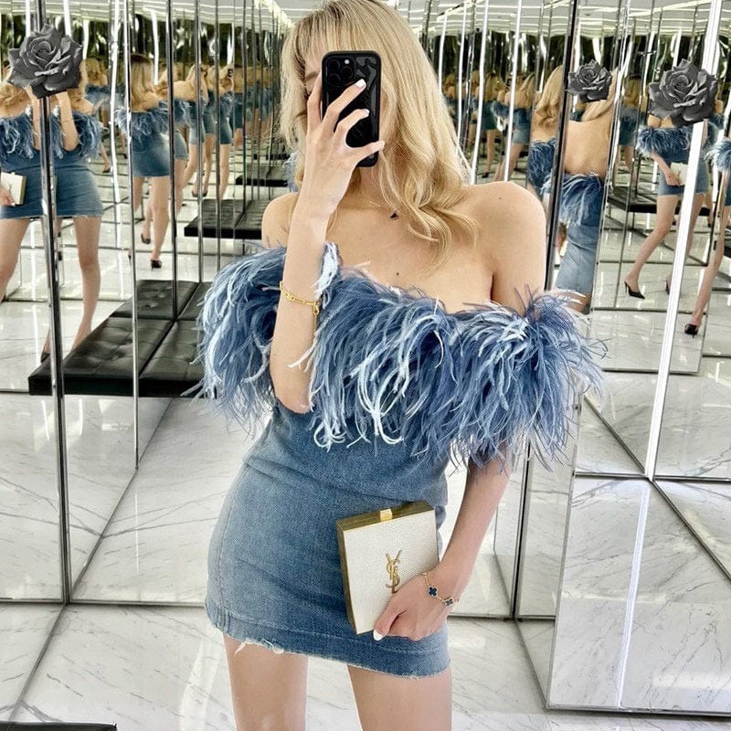 OUDINA New Wrap Chest Zipper Stitching Short Bodycon Wash Jean Dresses Denim Dress Women