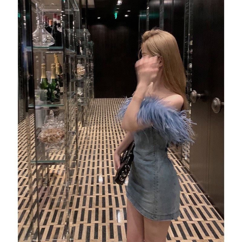 OUDINA New Wrap Chest Zipper Stitching Short Bodycon Wash Jean Dresses Denim Dress Women