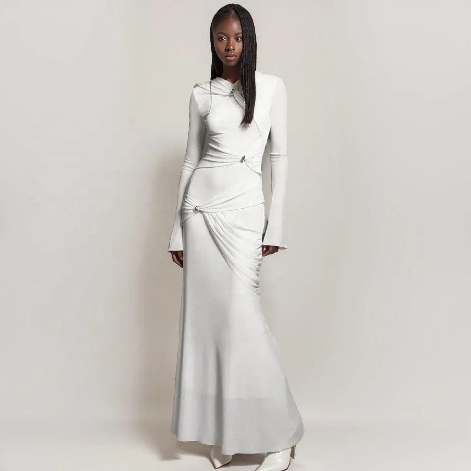 OUDINA Niche Design Asymmetrical Knitted Long Dresses For Women New Twist Elegant Alim Maxi Dress Ladies