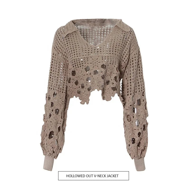 OUDINA Personalized Hollow Knitted Top 2023 New Fashion European And American Design V-neck Crop Shirt Women