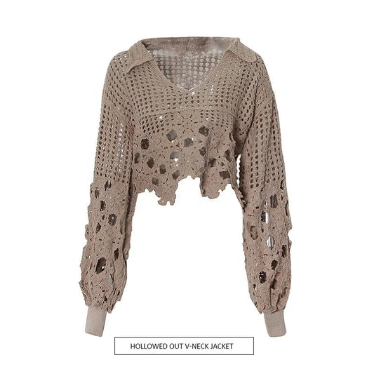 OUDINA Personalized Hollow Knitted Top 2023 New Fashion European And American Design V-neck Crop Shirt Women