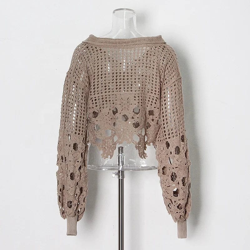 OUDINA Personalized Hollow Knitted Top 2023 New Fashion European And American Design V-neck Crop Shirt Women