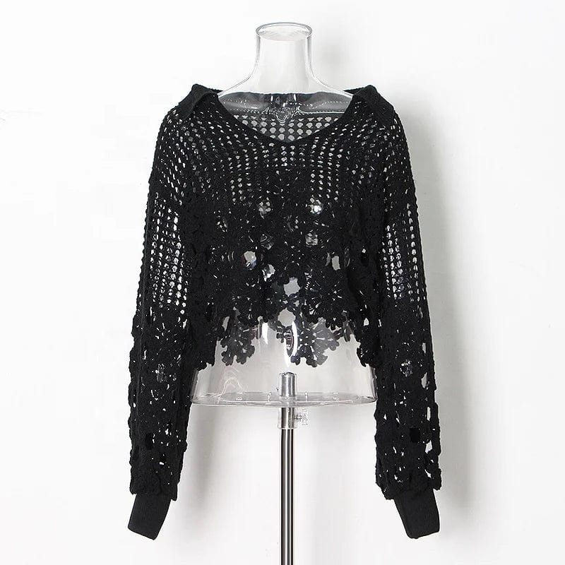 OUDINA Personalized Hollow Knitted Top 2023 New Fashion European And American Design V-neck Crop Shirt Women