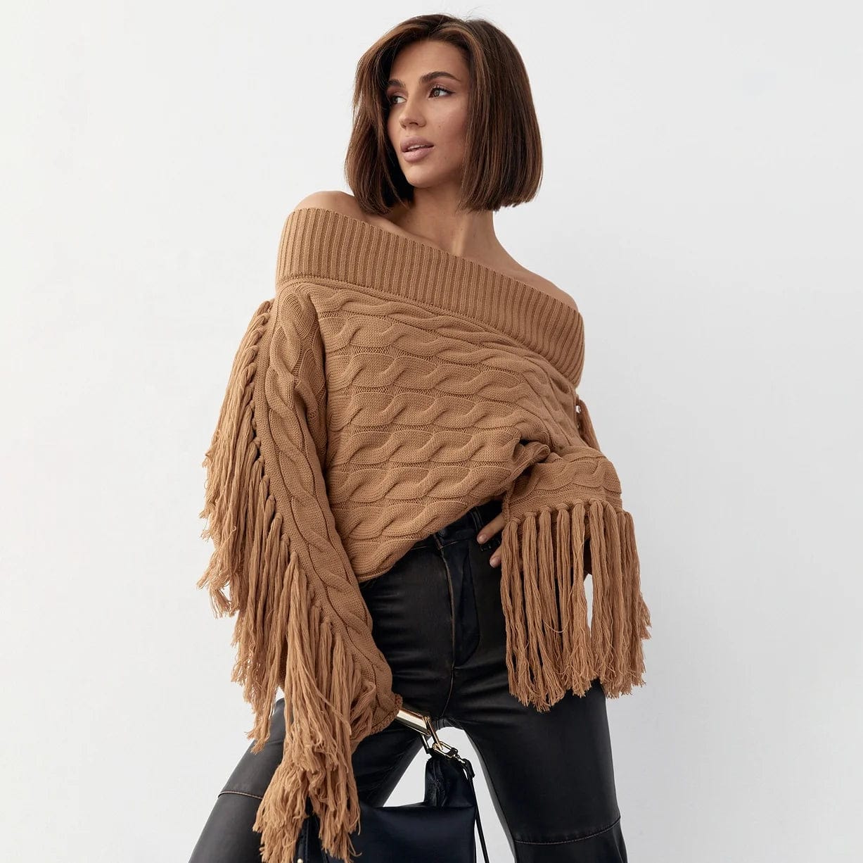 OUDINA Popular Women's Off Shoulder Sweater Autumn And Winter Tassel Solid Color Slimming Knitted Sweater