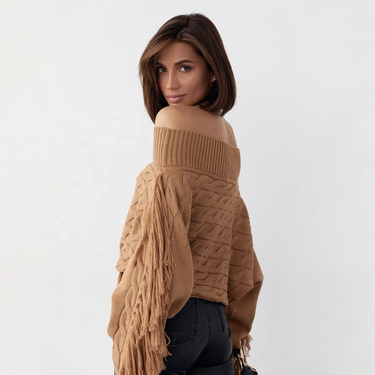 OUDINA Popular Women's Off Shoulder Sweater Autumn And Winter Tassel Solid Color Slimming Knitted Sweater