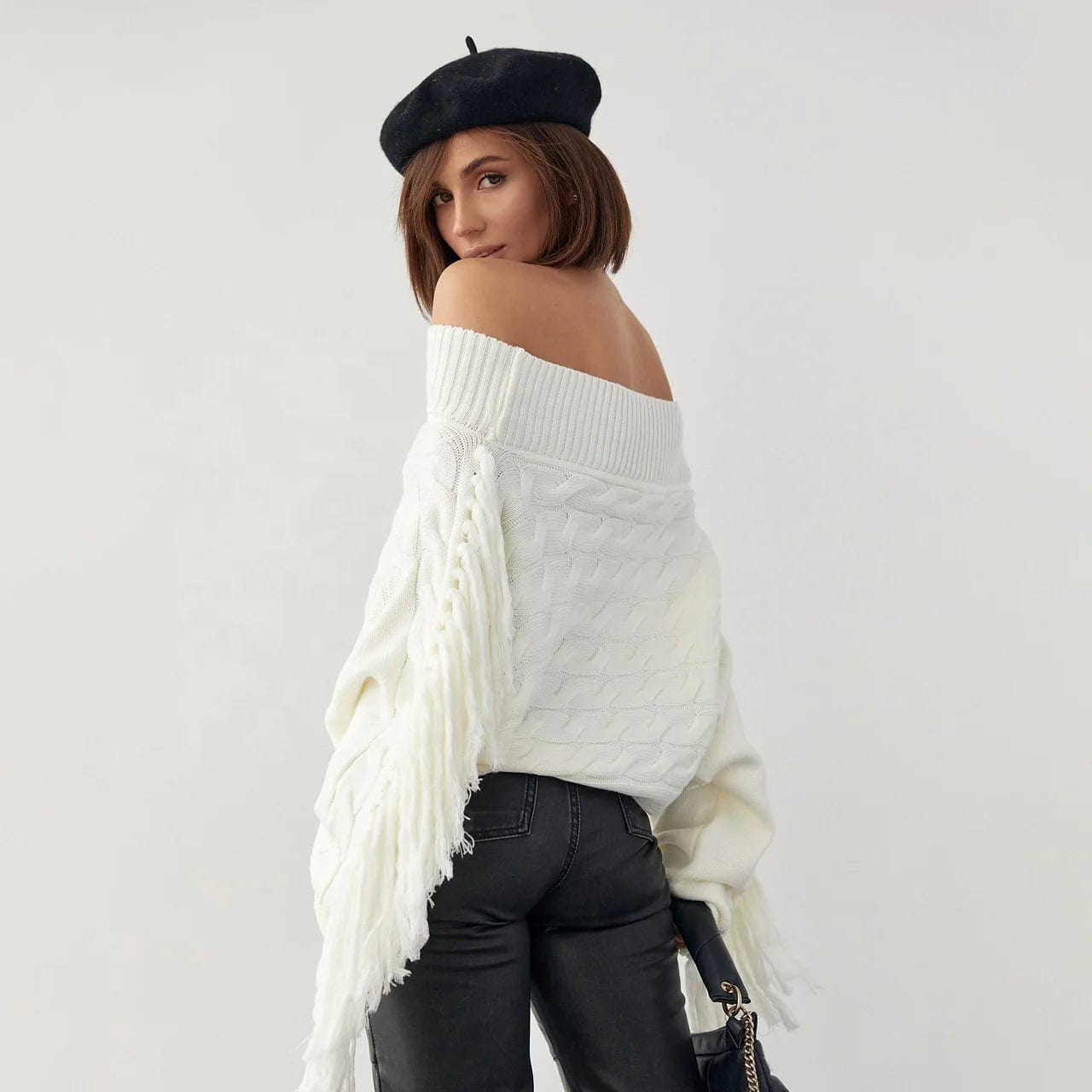 OUDINA Popular Women's Off Shoulder Sweater Autumn And Winter Tassel Solid Color Slimming Knitted Sweater