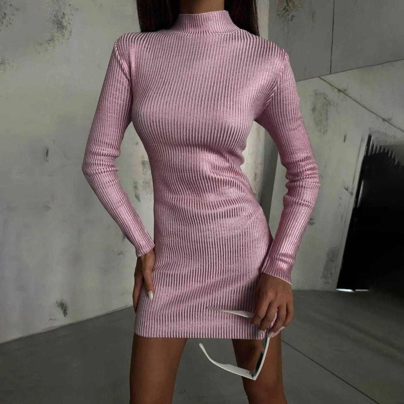 OUDINA Sexy Style Short Dresses Women Glossy Bronzing Winter Advanced Slimming Long Sleeve Bodycon Dress