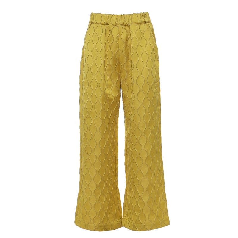 OUDINA Straight Three Dimensional Plaid Jacquard Bright Casual Women's Yellow Loose Trousers Ladies Wide Leg Pants