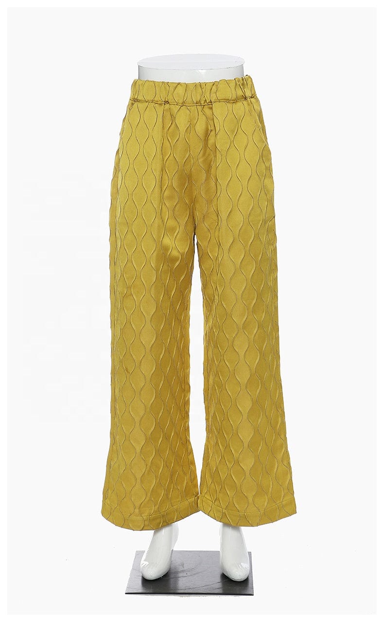OUDINA Straight Three Dimensional Plaid Jacquard Bright Casual Women's Yellow Loose Trousers Ladies Wide Leg Pants