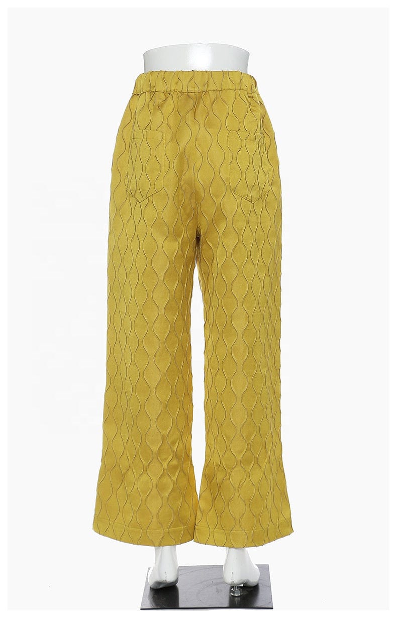 OUDINA Straight Three Dimensional Plaid Jacquard Bright Casual Women's Yellow Loose Trousers Ladies Wide Leg Pants