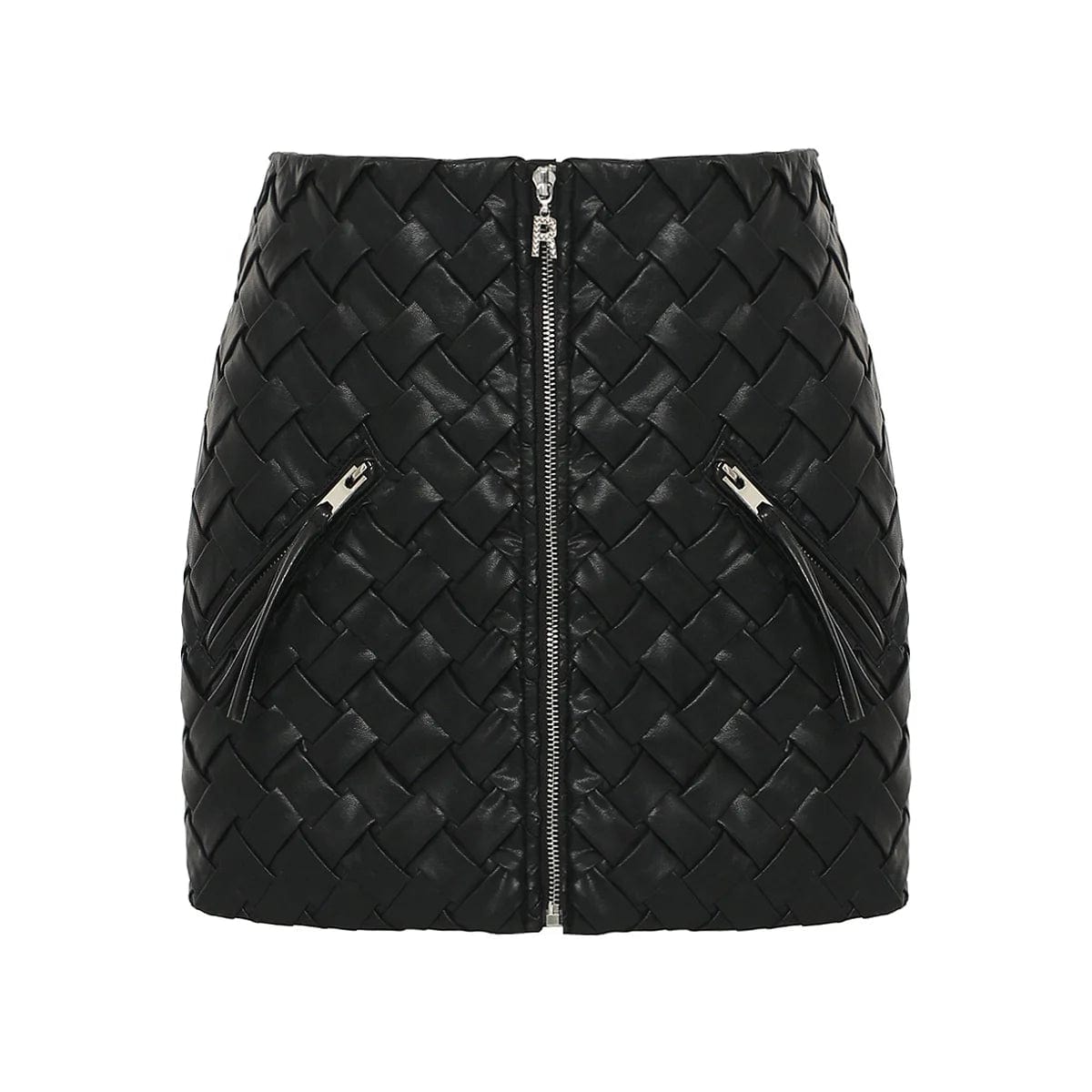 OUDINA Street Fashion Winter Pocket Zipper Braid Mini PU Leather Skirt Short Womens Skirts