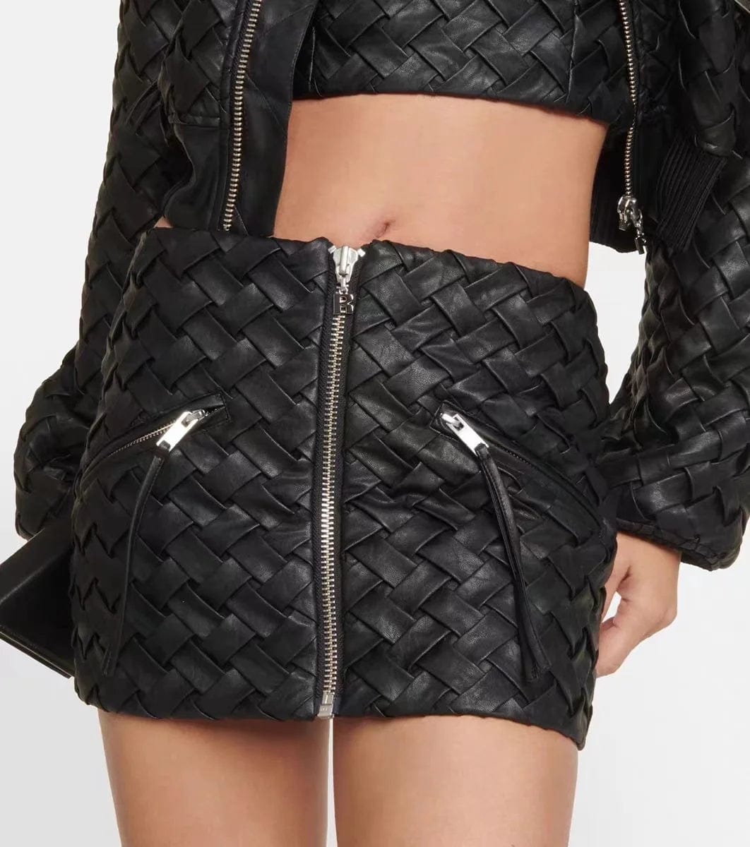 OUDINA Street Fashion Winter Pocket Zipper Braid Mini PU Leather Skirt Short Womens Skirts