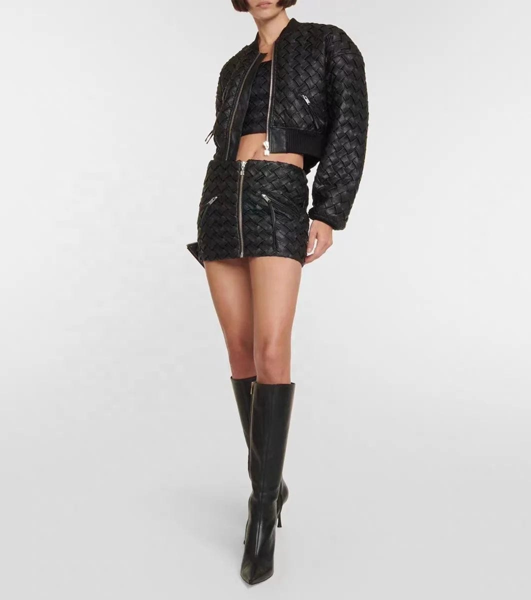 OUDINA Street Fashion Winter Pocket Zipper Braid Mini PU Leather Skirt Short Womens Skirts