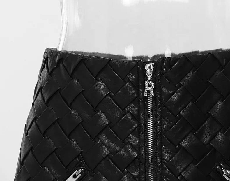OUDINA Street Fashion Winter Pocket Zipper Braid Mini PU Leather Skirt Short Womens Skirts