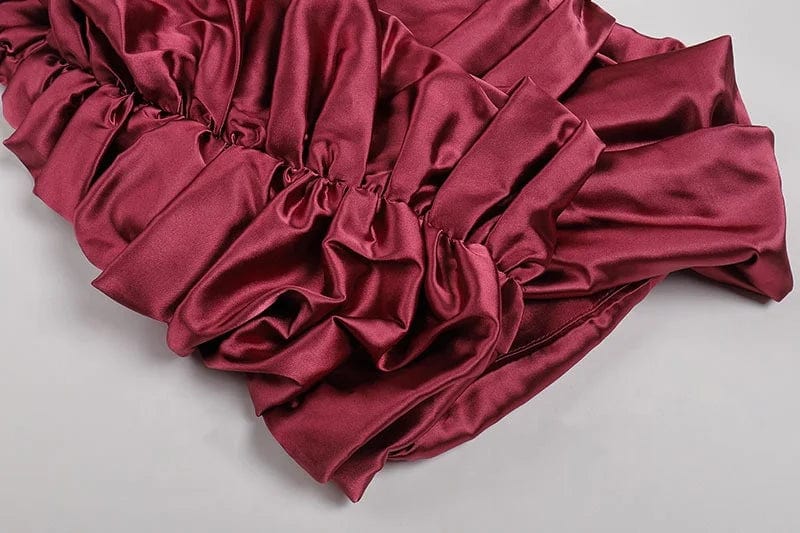 OUDINA Stylish Pleated Red Evening Elegant Trumpet Long Sleeve Women's Clothing Short Party Dresses