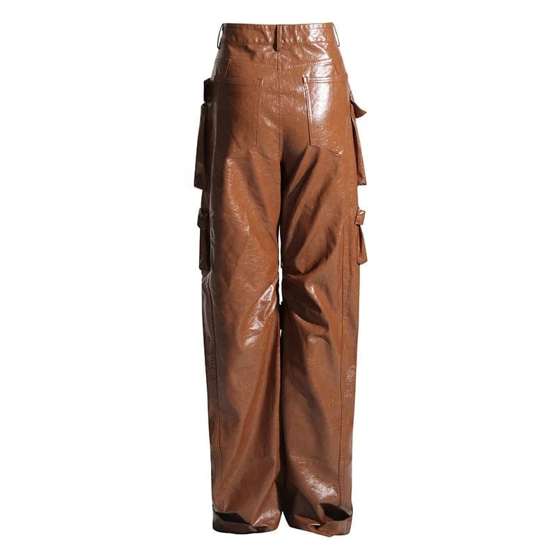 OUDINA Stylish Street Customize PU Trousers High Waist Baggy Mujer 6 Pocket Cargo Pant Wide Leg Women Leather Pants