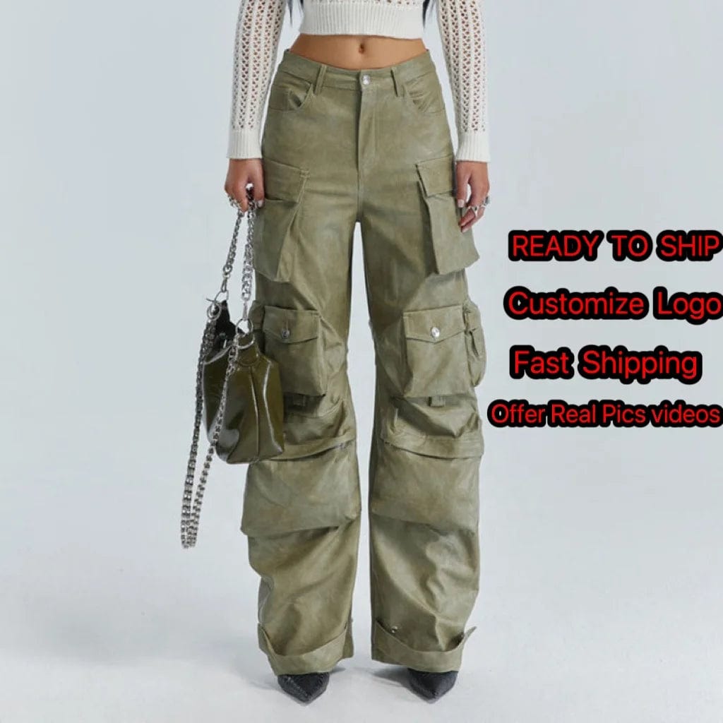 OUDINA Stylish Street Customize PU Trousers High Waist Baggy Mujer 6 Pocket Cargo Pant Wide Leg Women Leather Pants