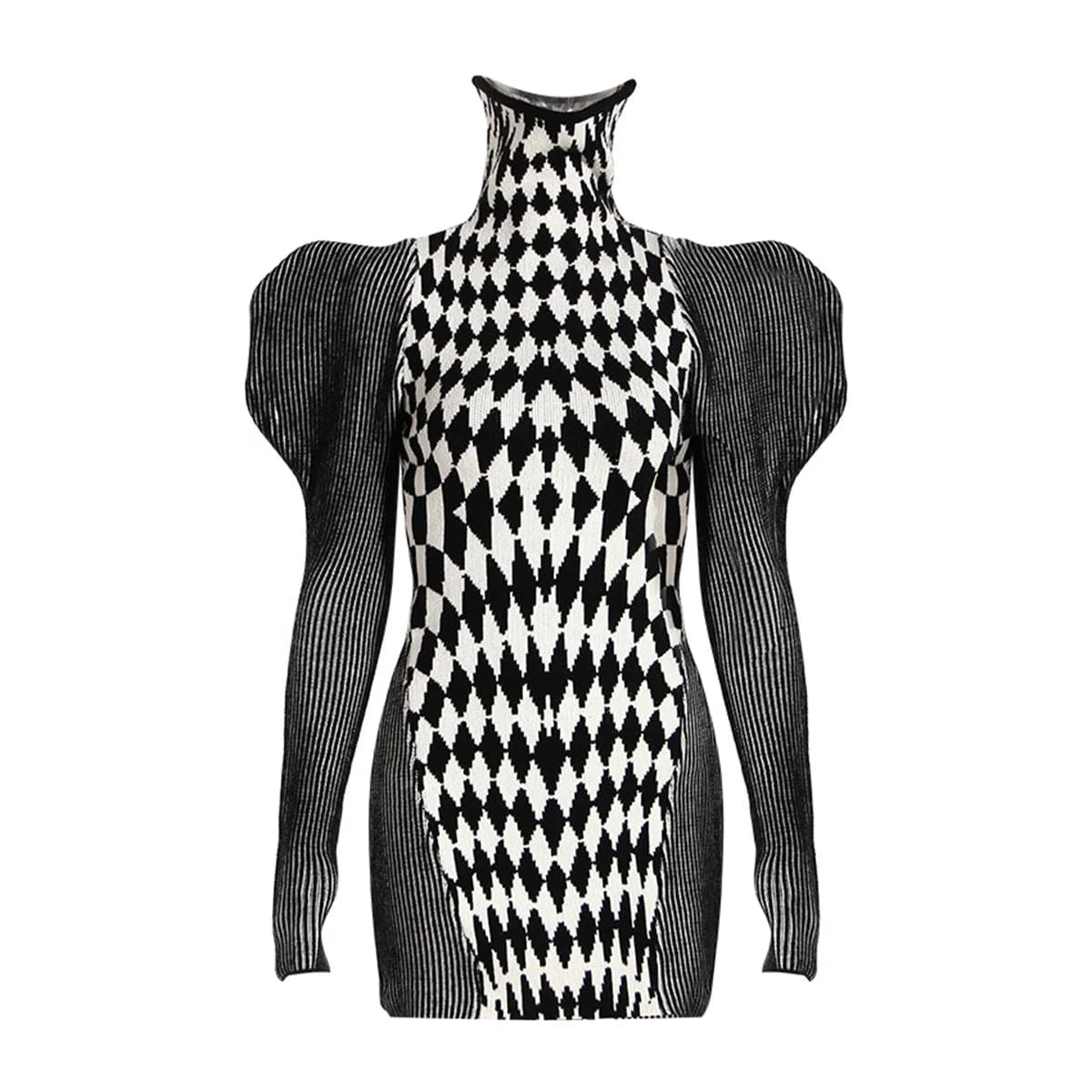 OUDINA Stylish Winter Plaid Turtleneck Diamond Print Pattern High Collar Knitted Women's Sweater Dress