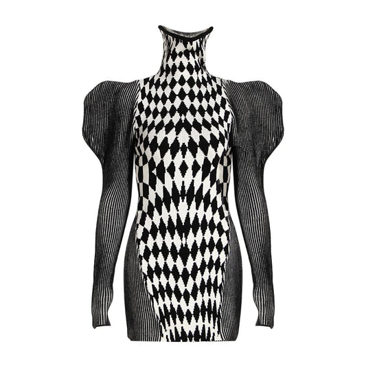 OUDINA Stylish Winter Plaid Turtleneck Diamond Print Pattern High Collar Knitted Women's Sweater Dress