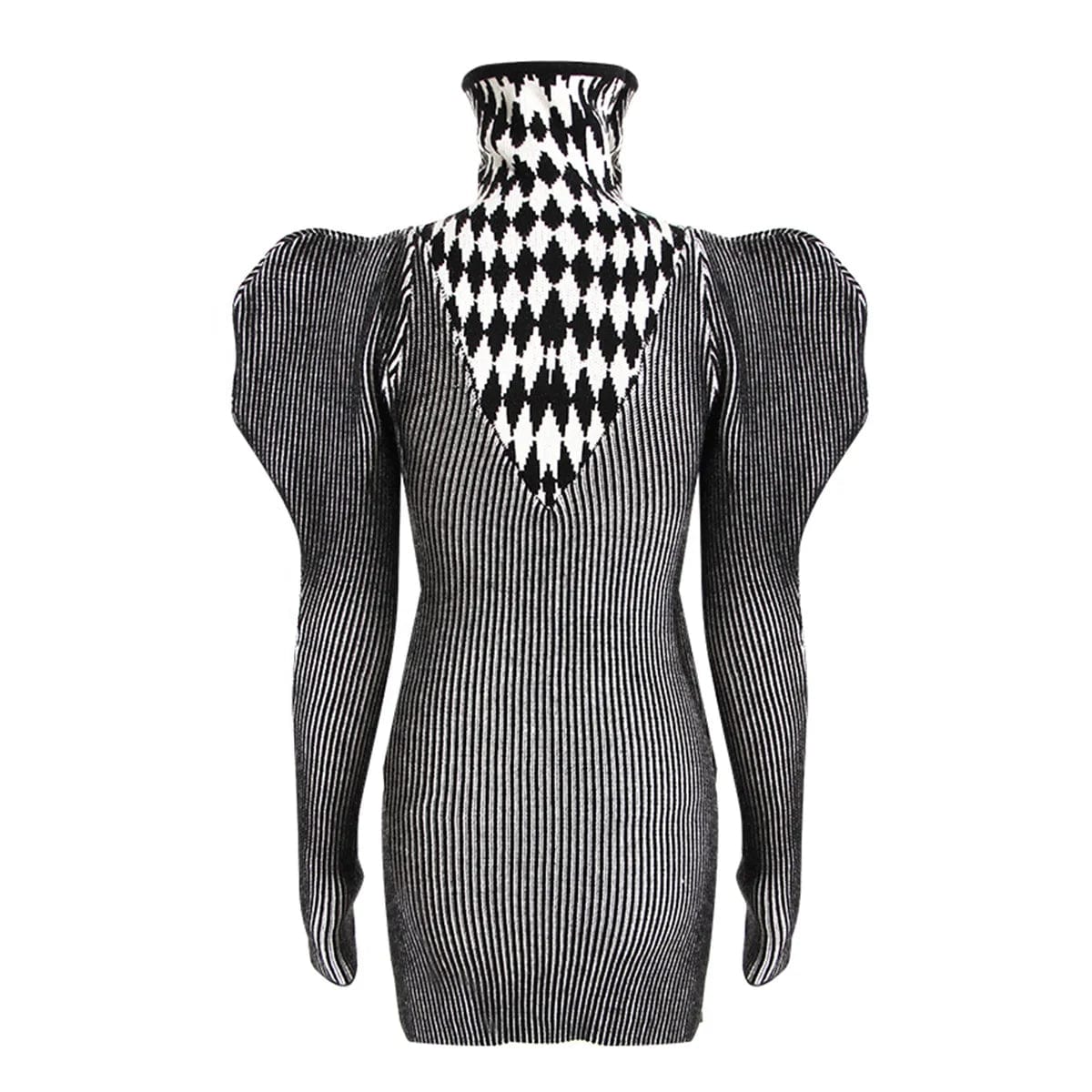 OUDINA Stylish Winter Plaid Turtleneck Diamond Print Pattern High Collar Knitted Women's Sweater Dress