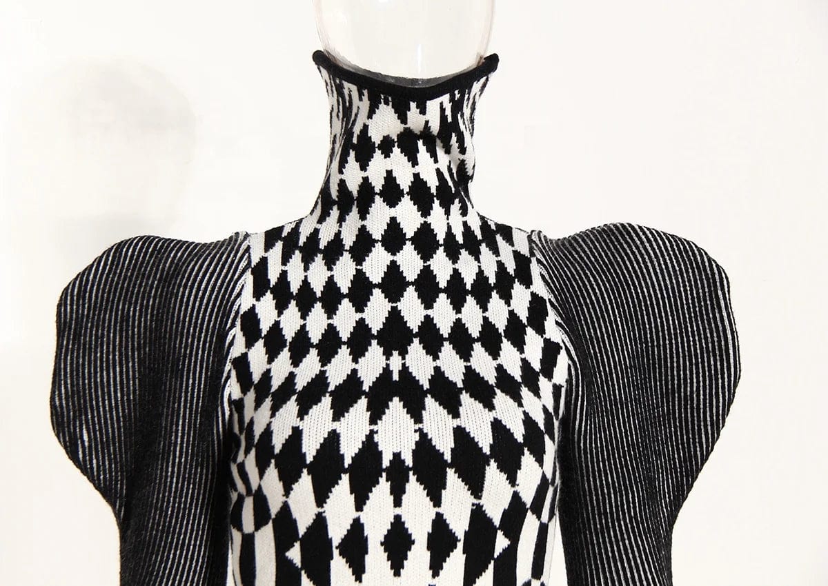 OUDINA Stylish Winter Plaid Turtleneck Diamond Print Pattern High Collar Knitted Women's Sweater Dress