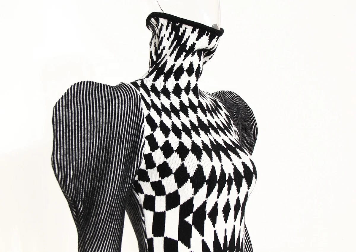 OUDINA Stylish Winter Plaid Turtleneck Diamond Print Pattern High Collar Knitted Women's Sweater Dress