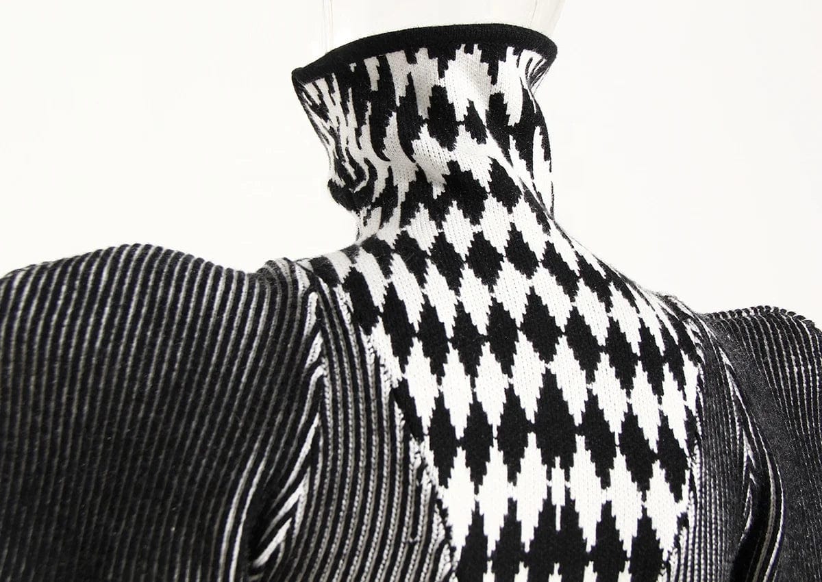 OUDINA Stylish Winter Plaid Turtleneck Diamond Print Pattern High Collar Knitted Women's Sweater Dress