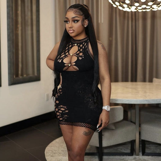 OUDINA Summer Hot Products New Hollow Sleeveless Mesh Dress See Through Sexy Transparent Bodycon Women's Clothing Dress