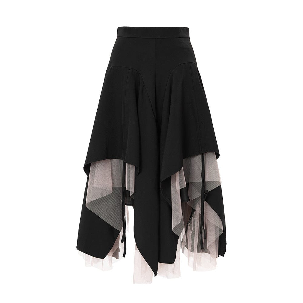 OUDINA Trendy Color Contrast A-line Skirt Irregular Mesh Casual Elegant Women Ladies Skirts