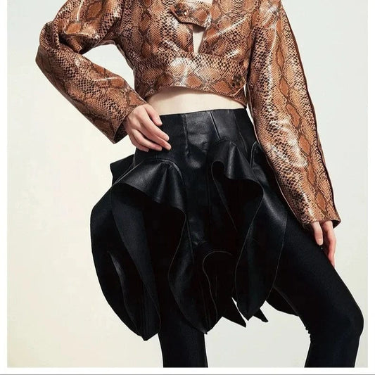 OUDINA Trendy Wholesale Casual Personality Irregular Cutting Accessories Short Leather Skirt