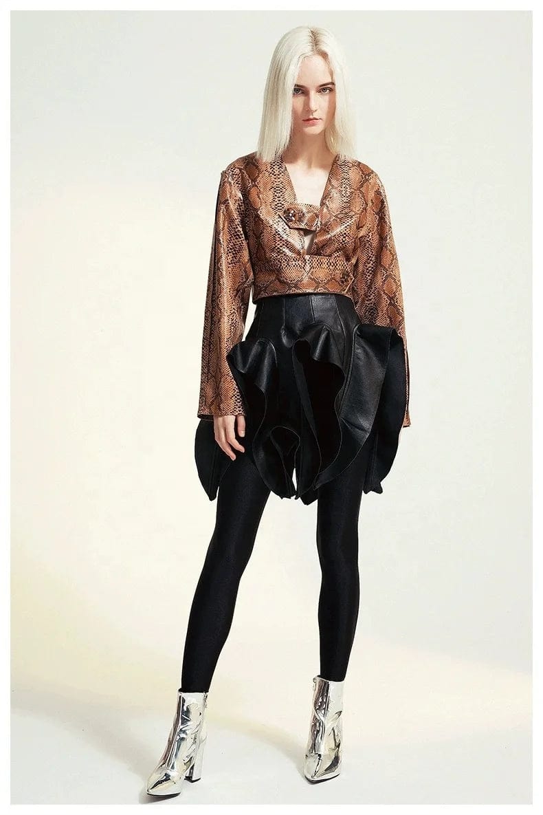 OUDINA Trendy Wholesale Casual Personality Irregular Cutting Accessories Short Leather Skirt