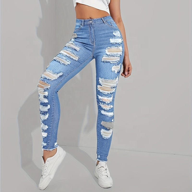 OUDINA Trendy Wholesale Casual Vintage Denim Trousers Ladies Skinny Jean Pants Ripped Jeans Women