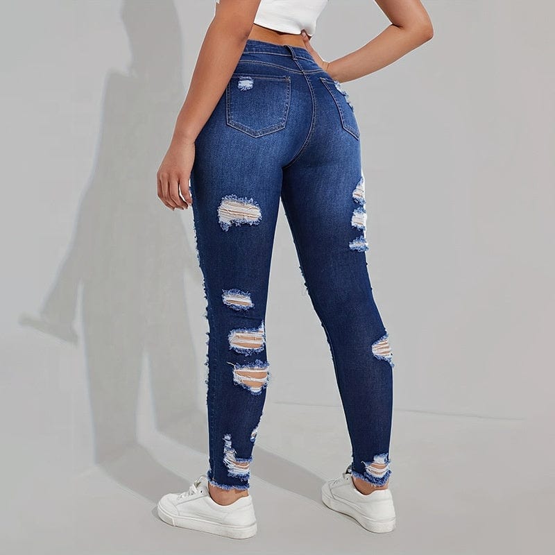 OUDINA Trendy Wholesale Casual Vintage Denim Trousers Ladies Skinny Jean Pants Ripped Jeans Women