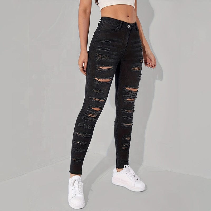 OUDINA Trendy Wholesale Casual Vintage Denim Trousers Ladies Skinny Jean Pants Ripped Jeans Women