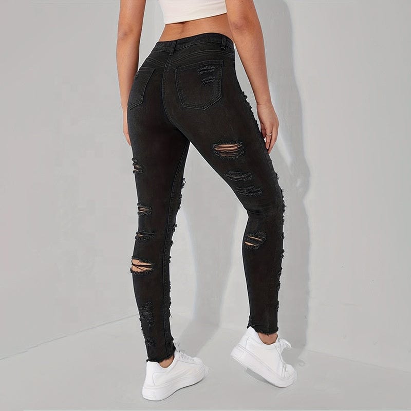 OUDINA Trendy Wholesale Casual Vintage Denim Trousers Ladies Skinny Jean Pants Ripped Jeans Women