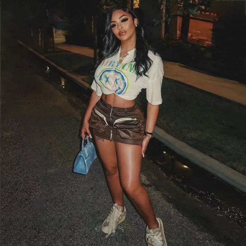 OUDINA Trendy Wholesale Solid Color High Waist  Big Pocket Zipper Sexy Mini Cargo Short Skirts For Women Skirt