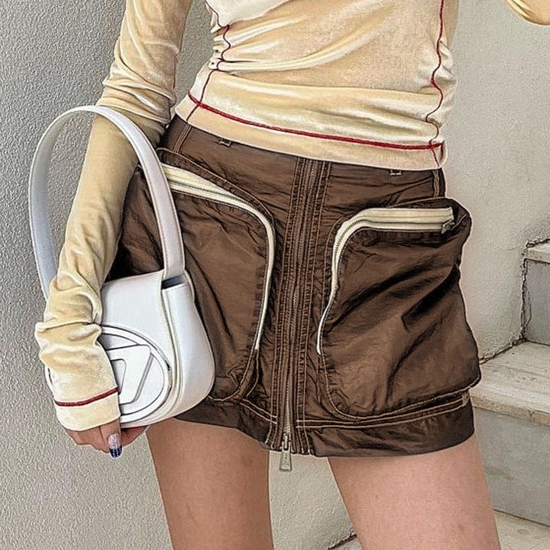 OUDINA Trendy Wholesale Solid Color High Waist  Big Pocket Zipper Sexy Mini Cargo Short Skirts For Women Skirt