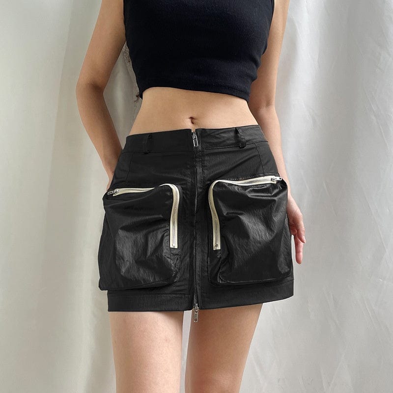 OUDINA Trendy Wholesale Solid Color High Waist  Big Pocket Zipper Sexy Mini Cargo Short Skirts For Women Skirt