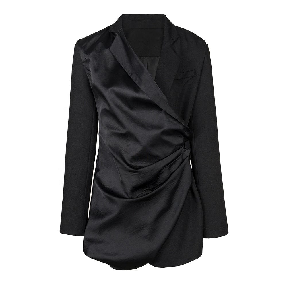 OUDINA Unique Stylish Irregular Pleated Single Button Elegant Satin Suits And Blazers Ladies Women Jacket Blazer