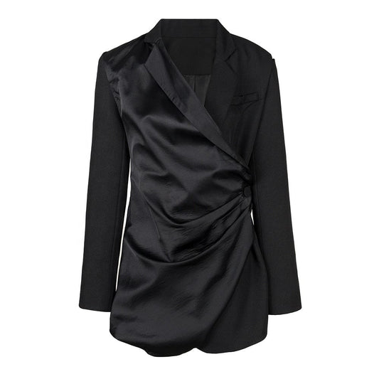 OUDINA Unique Stylish Irregular Pleated Single Button Elegant Satin Suits And Blazers Ladies Women Jacket Blazer