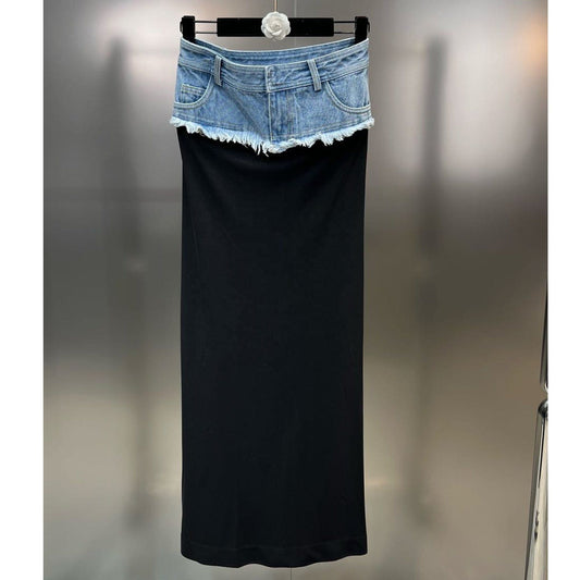 OUDINA Unique Stylish Street Denim Patchwork Casual Long Patchwork Denim Skirt High Waist Skirts For Women