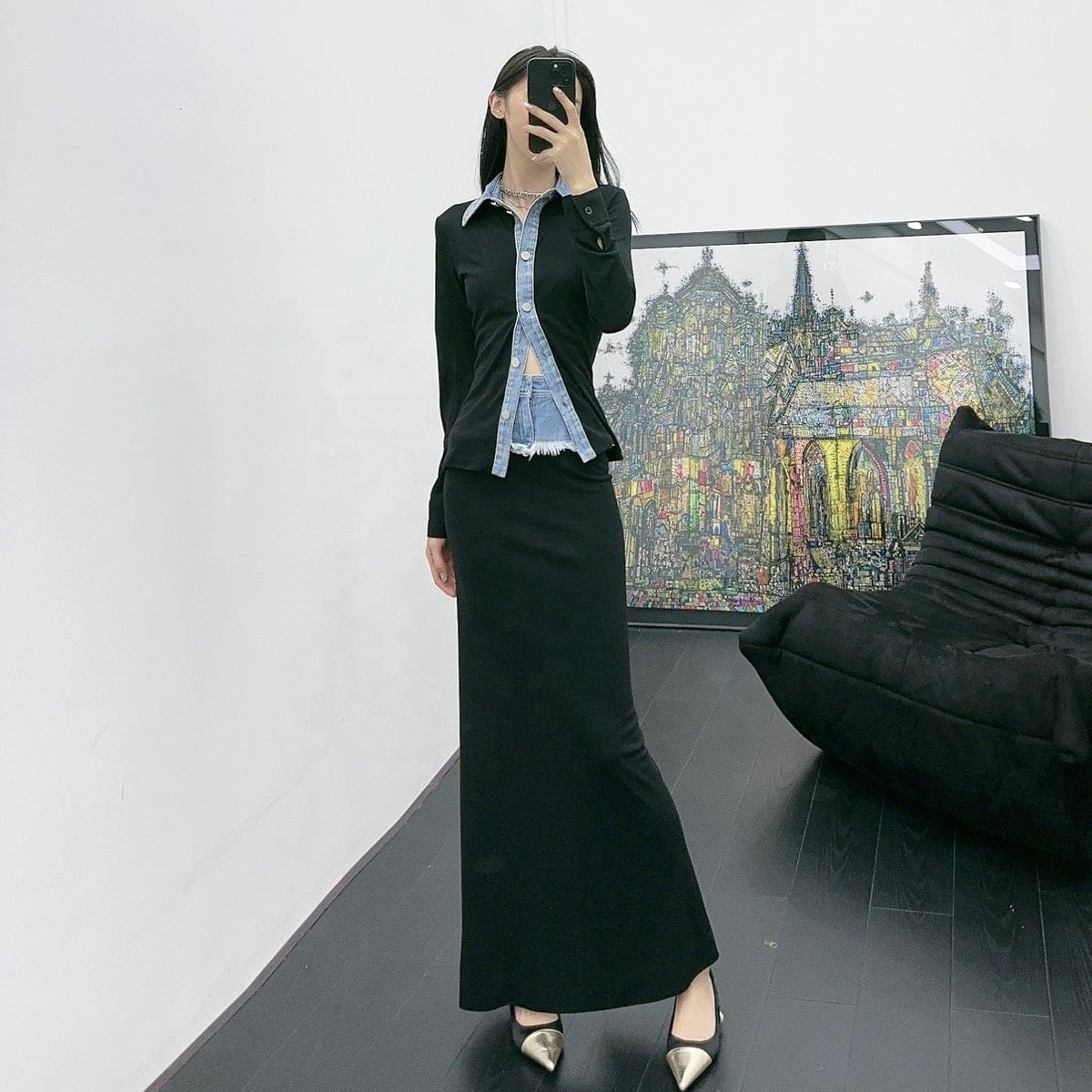 OUDINA Unique Stylish Street Denim Patchwork Casual Long Patchwork Denim Skirt High Waist Skirts For Women