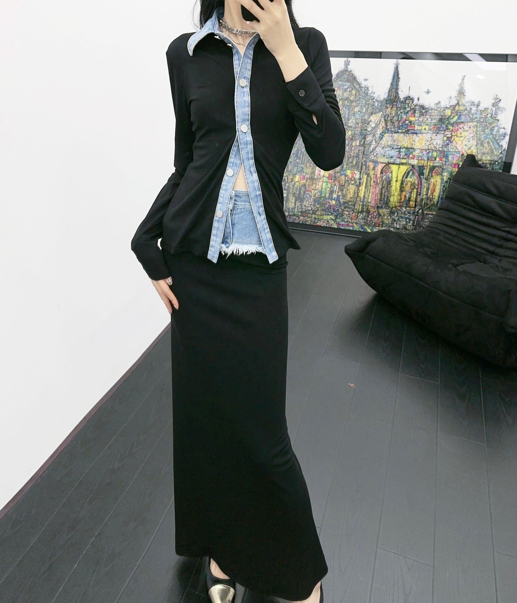 OUDINA Unique Stylish Street Denim Patchwork Casual Long Patchwork Denim Skirt High Waist Skirts For Women