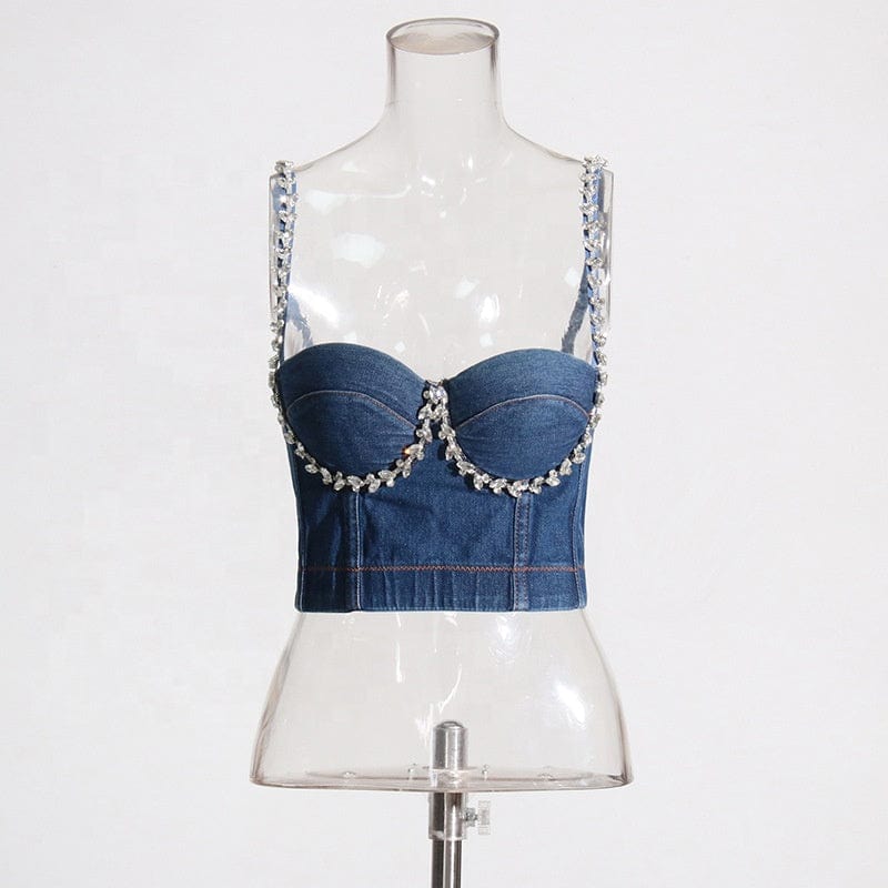 OUDINA Wholesale 2023 Back Zipper Denim Crystal Rhinestones Denim Tops For Women Crop Top Femme