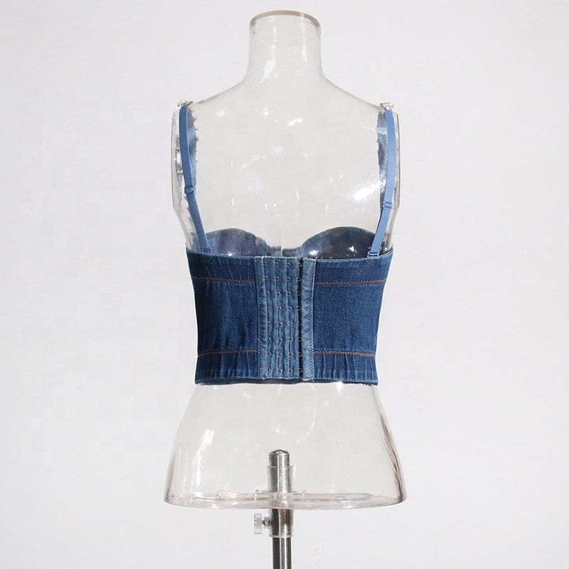 OUDINA Wholesale 2023 Back Zipper Denim Crystal Rhinestones Denim Tops For Women Crop Top Femme