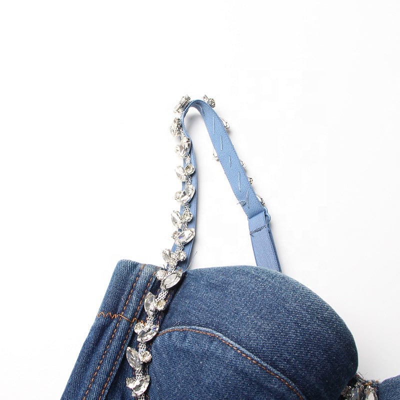 OUDINA Wholesale 2023 Back Zipper Denim Crystal Rhinestones Denim Tops For Women Crop Top Femme