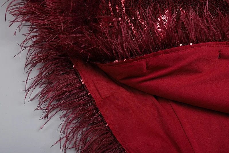 OUDINA Wholesale Backless Irregular Halter Neck Feather Party Long Dress Bling Sequin Women Evening Elegant Dresses